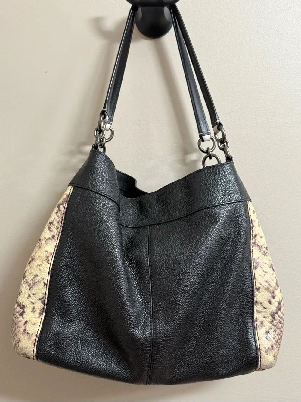 Coach Black Pebbled Leather Hobo with Cream Snake-Print Sides